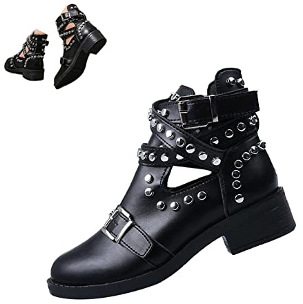 Women's Black Rivet Studded Buckle Strap Dress Ankle Boots (7,Black)