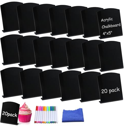 20PCS Mini Chalkboard Signs for Food，4x 5 Chalk Board Acrylic Food Labels for Party Buffet, Wedding, Bakery, Table Sign, L-Shaped Small Chalk Board Sign with 12-Color Liquid Chalk Marker and Rags