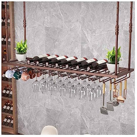 Hanging Wine Rack with Glass Holder, Adjustable Hanging Bar Wine Glass Rack Ceiling Bottle Holder Wine Shelf Shelves Perfect for Bar Kitche (Color : Brass, Size : 120x35cm)