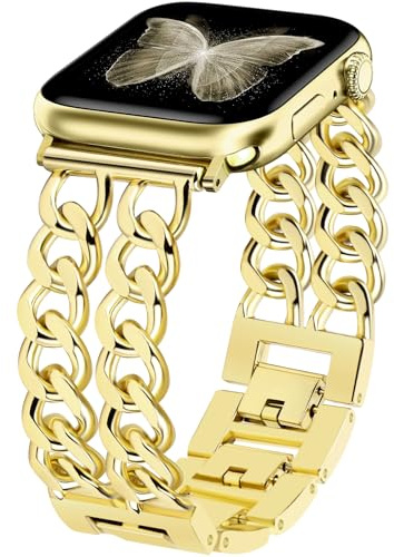 JR.DM Metall Band Gold Kompatibel mit Apple Watch Armband 38mm 40mm 41mm 42mm 44mm 45mm 46mm, Einkettiges Elegant Herren Damen Metallarmband Ersatz für iWatch Series 10/9/8/7/6/5/4/3/2/1/SE/Ultra