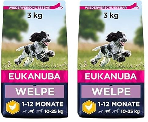 Eukanuba Welpenfutter mit frischem Huhn für mittelgroße Rassen, Premium Trockenfutter für Junior Hunde, 3 kg (Packung mit 2)