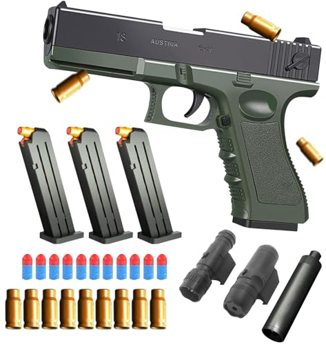 Pistolet Jouet, Armes Jouet, Pistolet pour Enfants avec 50 Billes en Mousse, 16 Cartouches, Lampe Torche, viseur Infrarouge et 2 chargeurs, Desert Eagle, Blaster en Mousse. (Vert Or)