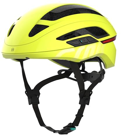 CRNK Angler Alpha Fahrradhelm – Unisex E-Bike & Rennrad Helm mit LED Blinker, Bremslicht & Rücklicht – Integrierte Bluetooth Kopfhörer & Mikrofon – Aerodynamisch, Leicht & Belüftet - Mattgelb - M