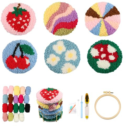 CEOVR Punch Needle Embroidery Kit Schlicht Punch-needle Sticken Untersetzer Erwachsene,Stickrahmen Set Vollständig,10x10 cm (Blau)