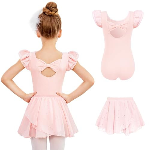 Arshiner Ballettkleidung Mädchen Rosa Ballettkleid Kurze Ärmel Balletttrikot Baumwolle Ballettanzug Bowknot Tanzbody mit Chiffon Wickelrock Tütü Ballett Tanzkleid 2tlg für Kinder 2-3 Jahre