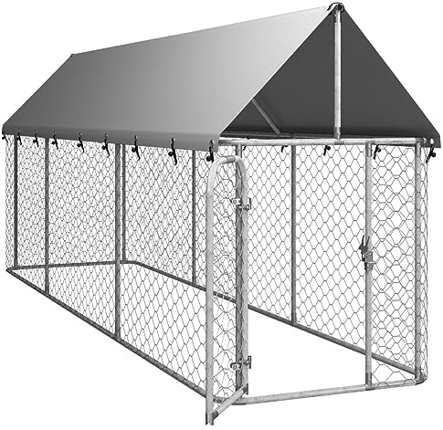 Homgoday Utomhus kennel med tak, hundbur med lås, hundkoja för husdjur, djur, stor hund, utomhus, övningar, spel, låda, 400 x 100 x 150 cm
