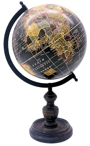 EXERZ 13cm Vintage Black Globe with Wooden Base, Antique World Map Desk Ornament, Educational Gift