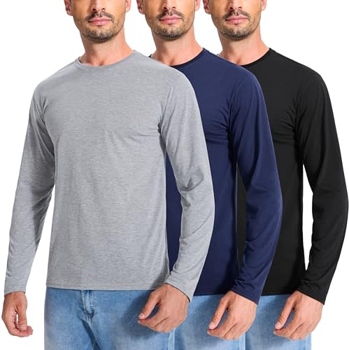 3 Pack Men's Cotton Long Sleeve T-Shirts Plain Crew Neck Tee Lightweight Basic Layer Shirts Tops Slim Fit,3p1,L
