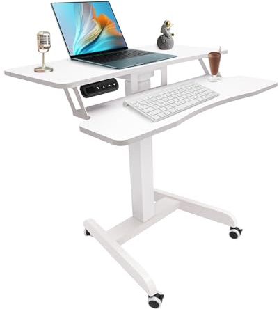 Weglae Electric Height Adjustable Podium Desk,Rolling Lectern Podium,31.5 * 24.7 * 31.2” Podium Stand with 4Wheels,White Standing Computer Desk with 4.92ft Power Cord for Offices, Lectures (White)