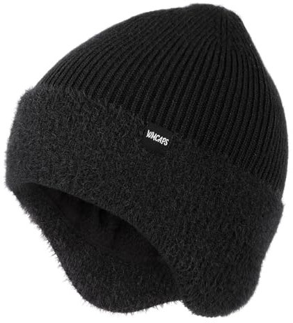 Wmcaps Wintermütze, Mütze mit Warmem Fleecefutter und Ohrklappen für Herren Damen, Warme Thermische Strickmütze für Den Außenbereich Komfortabel Weich Stretchy Geschenk für Männer Frauen, Schwarz