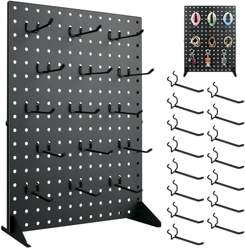 HAUYEST Metal Pegboard Display Stand with 15 Peg Board Hooks Accessories, Desk Pegboard Panels, Merchandise Display Rack for Selling Accessories Vendors & Events Retail Craft Shows & Fairs (Black