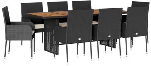 HETFTJN Loungemöbel Terrasse Lounge Möbel Outdoor Lounge Gartenmöbel Gartengarnitur - 9-TLG. Garten-Essgruppe mit Kissen Schwarz Poly Rattan für Terrasse Balkon Garten Café