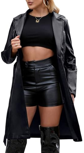 Gudasuo Leather Jacket Women Trench Coat Long Loose Button Jacket Open Front Motorcycle Coat with Belt(0021,B,M)