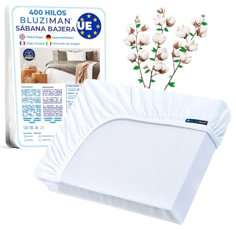 BLUZIMAN Sabana Bajera 135x200 Ajustable Algodon, Sábana Bajera 100% Hecha en España 400 Hilos, Sabanas Bajeras Lujoso Saten Peinado Virgen de Fibra Larga (400 Hilos, Blanco, Cama 135x190/200)