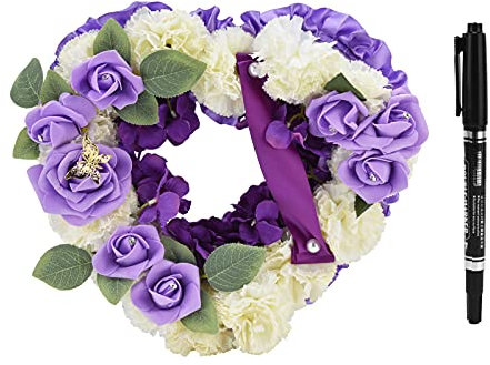 Ghirlanda di ghirlande a forma di cuore, ghirlanda di fiori a forma di cuore artificiale ghirlanda di fiori setosi composizioni floreali funebri con penna a nastro per la (Viola)