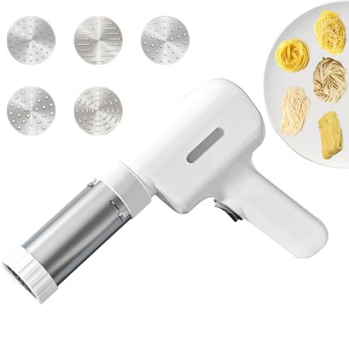 Pasta Maker Machine, Electric Pasta Machine with 5 Interchangeable Moulds, Wireless Stainless Steel Pasta Machine with Rapid USB Rechargeability for Spaghetti Fettuccini Lasagna