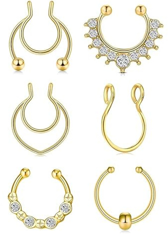 BelleVive 6 Stück Fake Septum Ring Faux Septum Nasenringe Clip On Septum Nasenring, Silber, Chirurgischer Stahl, 1E+1 Gramm, Body Jewelry Grade