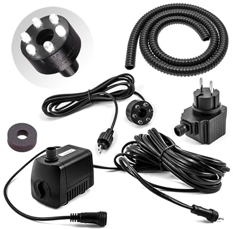 CLGarden Set Springbrunnenpumpe Wasserspielpumpe mit LED Beleuchtung, Schlauch, Dichtung für Quellstein Gartenbrunnen 12V