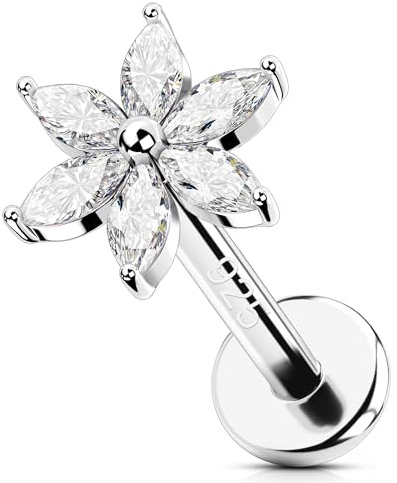 OUFER 16G Silber 925 Helix Piercing Innengewinde Silber Blume Tragus Conch Ring Knorpel Ohrpiercing Clear CZ Schmuck Lippenpiercing Frauen 6 mm
