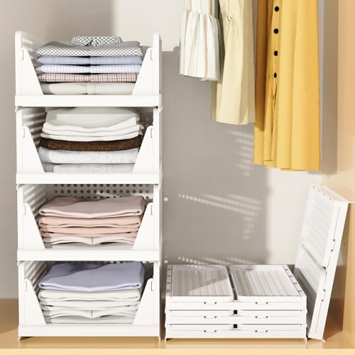 Tuocal 4 Pack Stapelbar Schrank Kleiderschrank Organizer Faltbar Lagerkästen Stapelbare Regal Aufbewahrungsbox Lagerung Platzsparende Schrank Schublade für Schlafzimmer, Küche, Bad, Büro