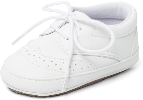 LACOFIA Baby pojkar lära-gå-skor småbarn mjuk sula snörning sneakers, akvit, 6-12 månader