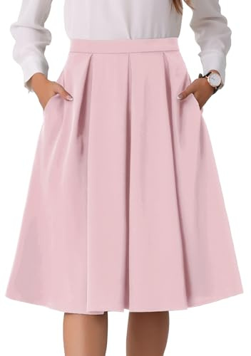 Allegra K Jupe mi-longue évasée taille haute pour femme, jupe plissée longueur genou avec poche, rose, L