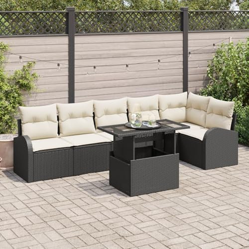 vidaXL Garten-Sofa-Set mit Kissen 7 pcs Schwarz und Creme Poly-Rattan, Stylisches Lounge-Sofa Set für draußen, modulare Gartenmöbel, Robustes Sitzmöbel für Entspannung und Komfort