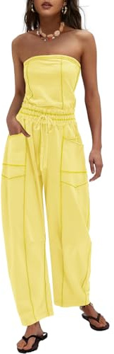 LAMISSCHE Womens Casual Strapless Jumpsuits off the Shoulder Summer Rompers Sleeveless One Piece Outfits with Pockets(Yellow,M)