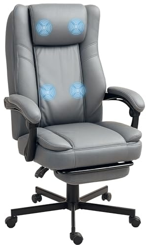 HOMCOM Bürostuhl mit Massagefunktion, Ergonomischer Schreibtischstuhl mit Liegefunktion, Knetmassagemodi, Höhenverstellbarer Drehstuhl mit Fußstütze, Mikrofaser, Grau