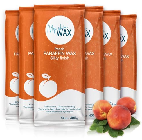 My skin WAX – Cire de paraffine Maxi Pack, 6 blocs de 400 g (2,4 kg), parfum pèche, hydratante sans effet gras, idéale pour bains mains et pieds, soulagement arthrite, pédicure