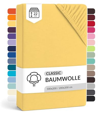 LARAWELL Spannbettlaken 180x200cm Baumwolle, bis 200x200, gelb, Spannbetttuch Jersey (gekämmt), Matratzenhöhe bis 22 cm, bügelfrei, atmungsaktiv, formstabil
