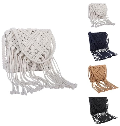 Srvillg Tassel Shoulder Bag, Small Boho Shoulder Bag for Women, Straw Beach Bags with Zipper for Summer Holiday Beach Travel (White)