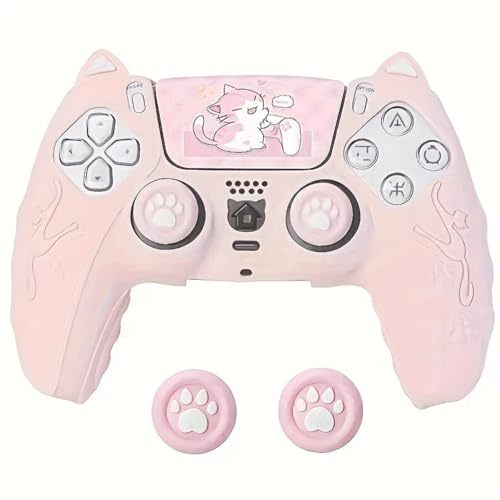 Protection Manette PS5, Coque Manette PS5 Housse Silicone Anti-Rayures Motif Chat Mignon avec Oreilles et Pattes pour Manette de Jeu
