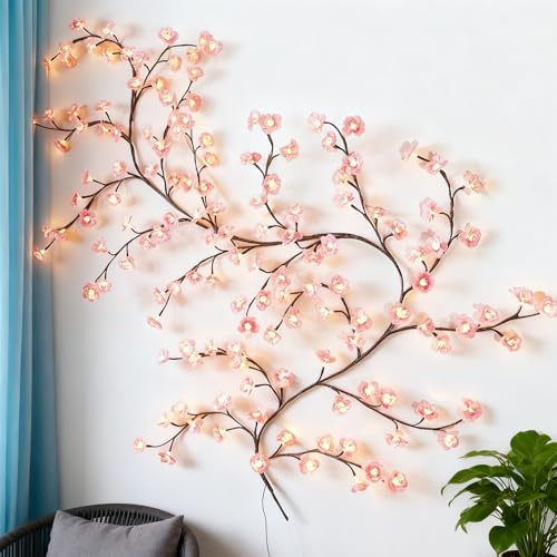LED Weinreben Zweige Lichter - Weinreben Wand LED Rattan Vine Wand Deko, Rattan Lichterkette Wanddeko mit Fernbedienung für Wanddeko Schlafzimmer Wedding Raum Deko Weinachtsdeko (Kirschblüten 1.8M)