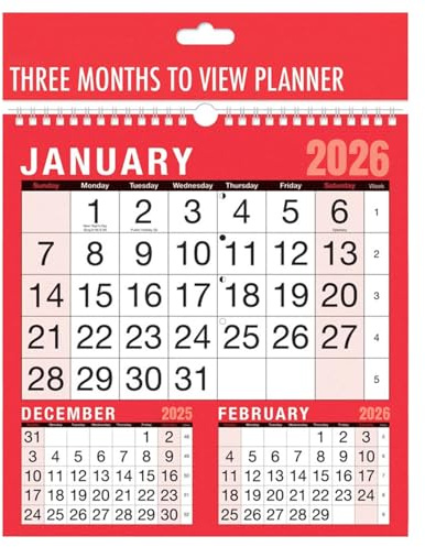 2026 Wall Calendar 3 Months to View Spiral Bound Hanging Wall Planner with UK Holidays Large Monthly Organiser for Scheduling, Appointments, Home, Office, School and Business Planning