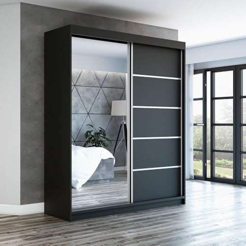 A&J MöbelLand Schwebetürenschrank Berlin Kleiderschrank 2-türig mit Schubladen und Spiegel, Garderobe 180 cm (Schwarz)