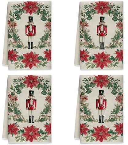 Lot de 4 torchons de cuisine Casse-noisette de Noël traditionnel Poinsettia houx de Noël à séchage rapide pour cuisinière 40,6 x 61 cm