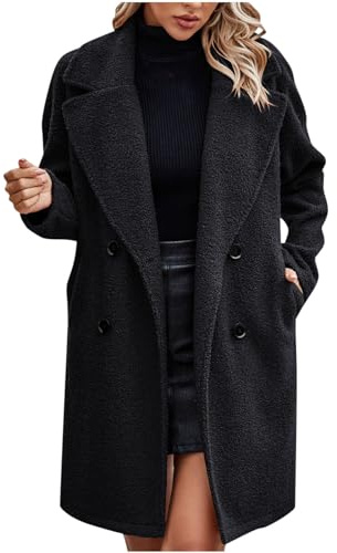Generisch Wollmantel Damen Elegante Einfarbig Wintermantel Locker Lang Mantel Knöpfe Revers Trenchcoat Casual Übergangsmantel Bequem Windbreaker Warme Business Windjacke Herbst Winter Freizeitjacke
