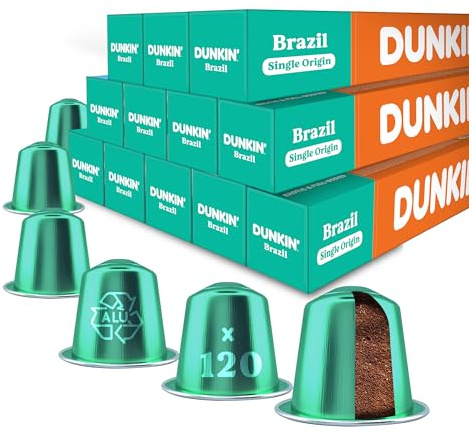 Dunkin' Donuts Brazil Single Origin – 120 Capsules de Café | Compatibles avec Machines Nespresso Original Line | 100% Arabica | Torréfaction Douce au Profil Brésilien | Aromatique, Rond & Unique