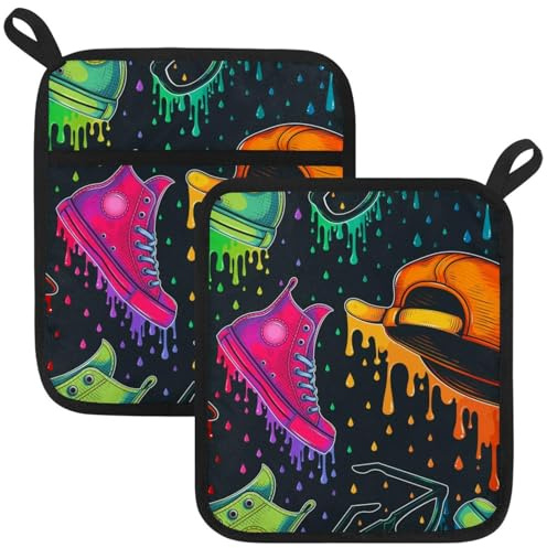 Set di 2 presine per cucina, colore scarpe con cappuccio, bicchieri, acquerello, motivo spruzzi, set di 2, presine resistenti al calore, per microonde, cottura al forno, piatti e barbecue