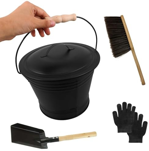 NVOQILIN Lot de 4 brosses à cendres de cheminées Durabilité en fer galvanisé Seau Pelle Brosse Gants pour l'entretien des foyers