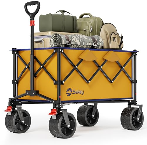 Sekey Chariot de Transport Pliable XXL 135L, Capacité 150KG, Chariot Plieable Léger avec Roues de 17x8,5CM et Système de Freinage, Structure à Déploiement Immédiat Breveté 4 Directions SE4031, Jaune