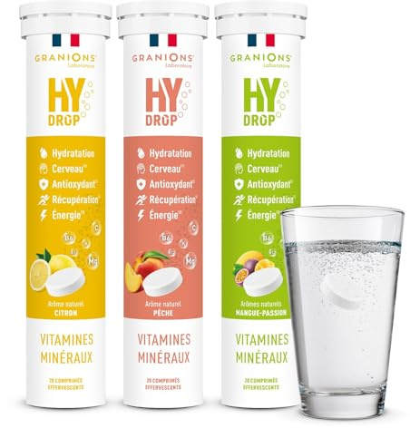 Electrolyte - Hydratation - Granions Hydrop - Citron Peche Mangue - Pack x3 | Pastilles Effervescentes Sans Sucres, Vitamines Mineraux Et Magnesium, Hydratation Rapide, Fabriqué En France