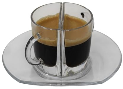 Doppel-Tasse Espressotassen Set - 2 halbe Designer Glas Tassen im Retro Stil mit Glas Untersetzer - exklusive Rarität aus hochwertigem Glas - Tolle Geschenkidee für Espresso Liebhaber & Design Fans