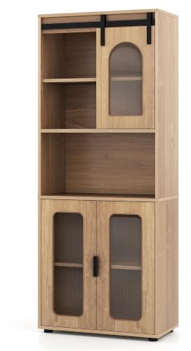 TANGZON Tall Kitchen Cupboard with Sliding Barn Door, Tall Storage Cabinet