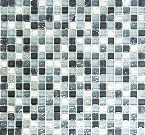 Glasmosaik Quadrat Crystal/Stein mix klar/grau/silber Naturstein Fliesenspiegel, Mosaikstein Format: 15x15x8 mm, Mattengröße: 322x305 mm, 10 Matten