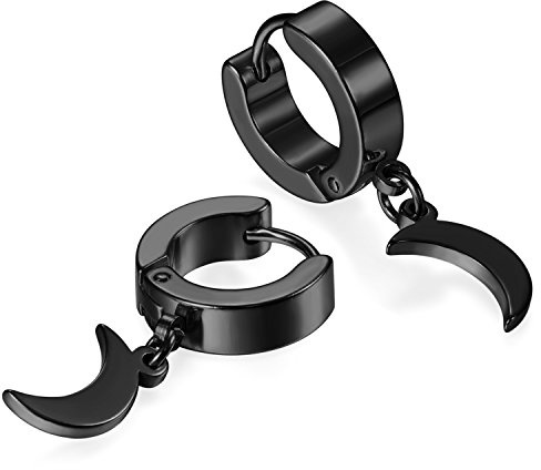 JewelryWe Schmuck Ohrringe Creolen, Edelstahl Huggie Hoop Klappcreolen Ohrpiercing Ohrhänger Ohrstecker mit Mond Anhänger für Herren Damen Silber Gold Schwarz