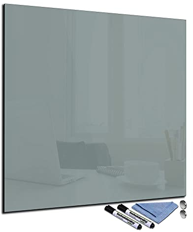 Glas-Magnettafel 60x60 cm Whiteboard Wand Beschreibbar Quadratisch Magnetisch Küche Office Büro mit Zubehör Wochenplaner Abwischbar Deko Memoboard Tafel Grau