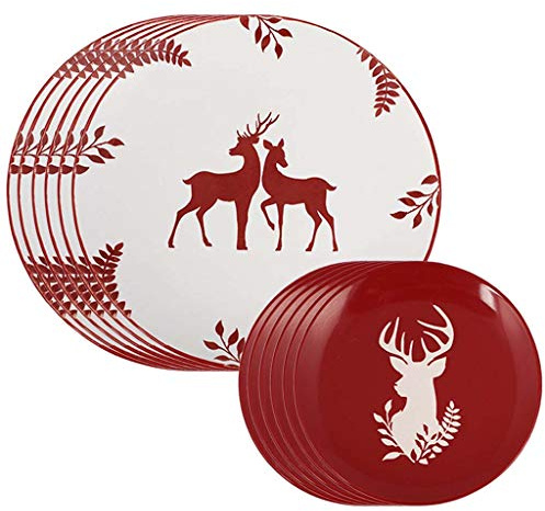 12 Piece Red & White Reindeer Festive Dinner Set Dishwasher Microwave Safe