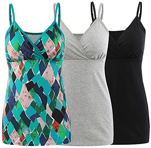 COLOMI Amning tanktops för moderskap integrerad bh för amning grundläggande kamisole, Svart+grå + grönt tryck/3-pack, L